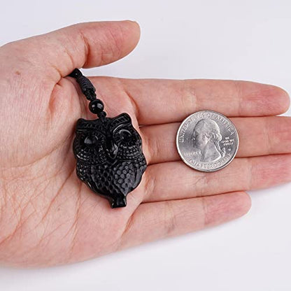 Black Obsidian Necklace Natural Crystal Amulet Protection Pendant with Adjustable Rope Lucky Talisman Necklaces Jewelry Gift for Men Women - color: Owl A