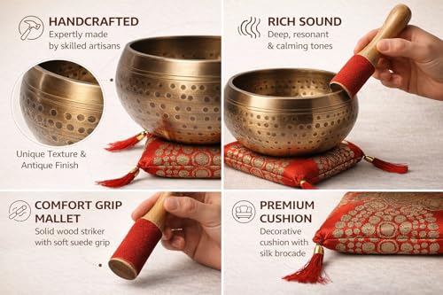 Tibetan Singing Bowl Set with Cushion & Mallet – Handmade Meditation Sound Bowl for Yoga, Healing, Mindfulness & Chakra Balancing (Brass, 5 Inch)