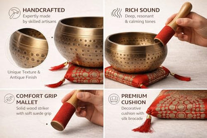 Tibetan Singing Bowl Set with Cushion & Mallet – Handmade Meditation Sound Bowl for Yoga, Healing, Mindfulness & Chakra Balancing (Brass, 5 Inch)