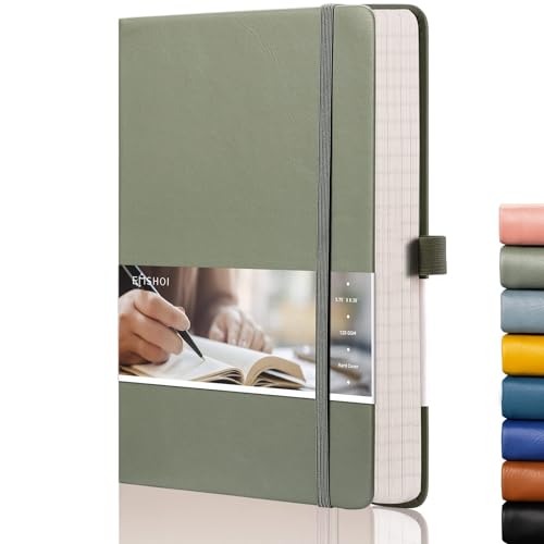 EMSHOI A5 College Ruled Notebook, 256 Numbered Pages 120GSM Ink-Proof Faux Leather Hardcover Lay-Flat Lined Journal for Work Office School Travel Writing, Small 5.75" x 8.38", Green - color: Green, size: A5-Ruled