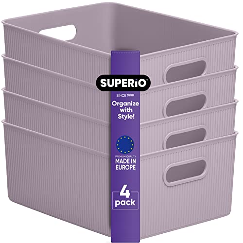 Superio Ribbed Collection - Decorative Plastic Basket Open Home Storage Bins Organizer, Large Lilac Purple (4 Pack) Container Boxes for Organizing Closet Storage Bins for Shelves 15 Liter/16 Quart - size: 4 Pack, style: Bin - Large (15 Liter)