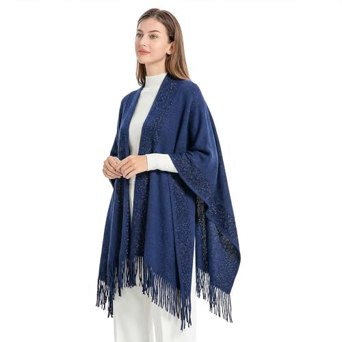 ZLYC Women's Shawl Golden Trim Knit Blanket Wrap Fringe Poncho Coat Cardigan - color: Navy