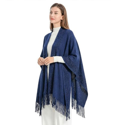 ZLYC Women's Shawl Golden Trim Knit Blanket Wrap Fringe Poncho Coat Cardigan - color: Navy