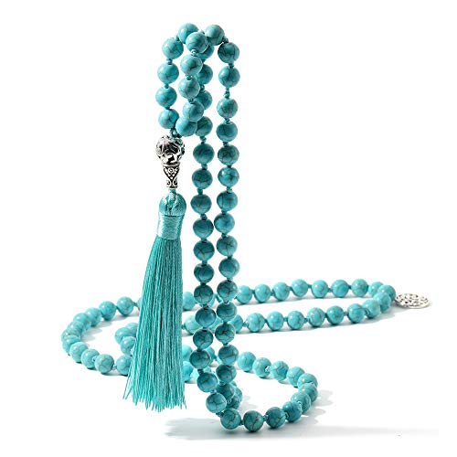 108 Mala Beads Necklace Semi-Precious Gem Stones Meditation Necklace 108 Hand Knotted Japa Mala Beaded Tassel Necklace with Tree of Life Pendant - color: Natural Turquoise