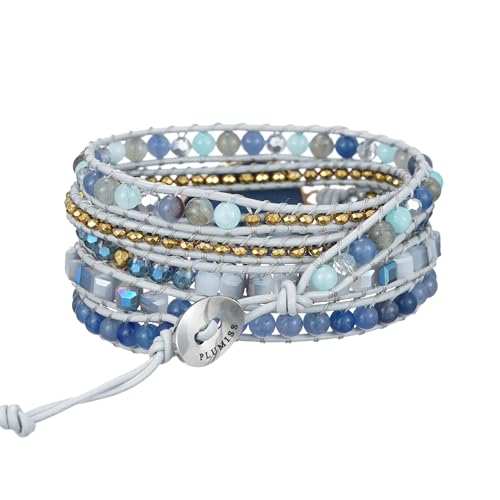 Women Boho Handmade Natural Stone Crystal Leather Bead Wrap Bracelets Collection - style: Blue Aventurine 5W