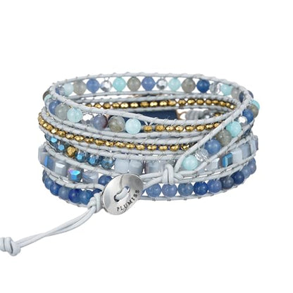 Women Boho Handmade Natural Stone Crystal Leather Bead Wrap Bracelets Collection - style: Blue Aventurine 5W