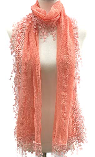 Cindy and Wendy Lightweight Soft Leaf Lace Fringes Scarf Bridal Veils shawl for Women - color: Peach Pink1