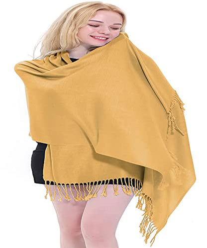 CJ Apparel Solid Color Tassels Design Nepalese Shawl Scarf Wrap Stole Throw Head Wrap Pashmina Gift Hand Made in Nepal New - color: Light Gold Mix