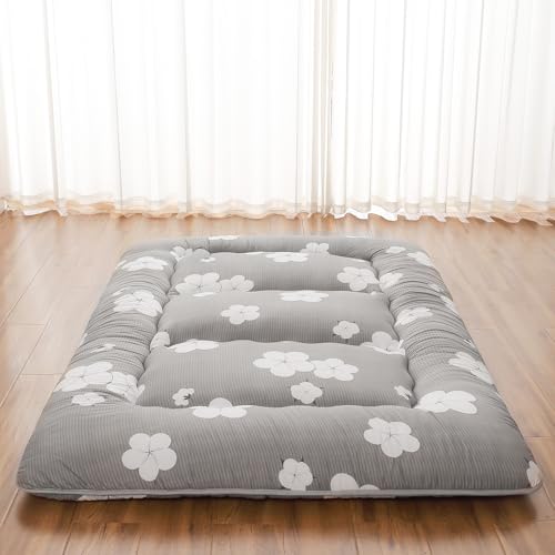 Zelladorra Japanese Floor Mattress Full, Futon Mattress with Storage Bag and Washable Cover, Roll Up Tatami Mat Suitable for Guest Room, Grey Cotton - color: Grey Cotton ( 4"th + Dust Cover ）, size: Full (80"L x 54"W)