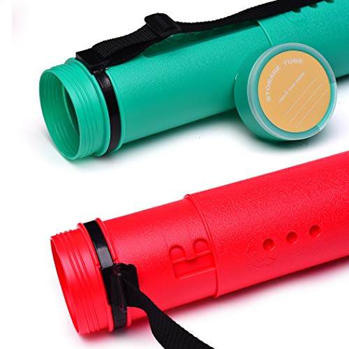 2-Pack Extendable Poster Tubes Expand from 24.5” to 40” with Shoulder Strap | Carry Documents, Blueprints, Drawings and Art | Red and Green Portable Durable Round Storage Cases with Lids and Labels