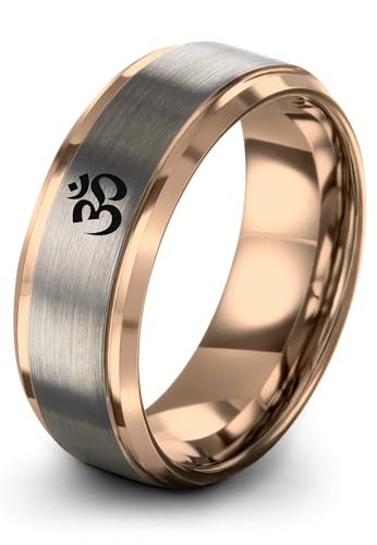 Yoga Om Symbol Ring - Gift for Meditation Fan - Personalized Custom Engraving - Anniversary Wedding - 8mm - Band - Brushed Polished - Tungsten - Flat Dome Bevel - Men Women - Yellow Rose Gold Silver - color: 07 - Rose Gold Grey Tungsten