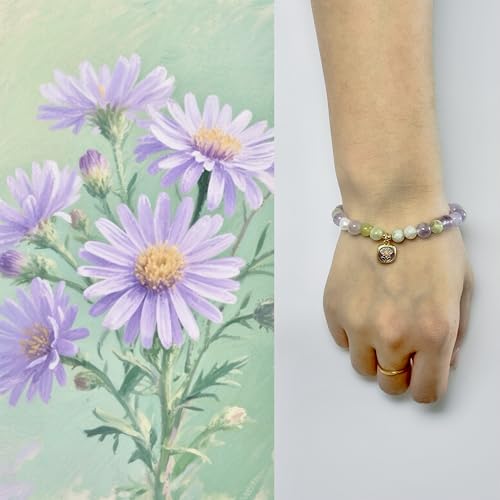 Birth Flower Crystal Bracelets for Women, Handmade Natural Gemstone Stretch Jewelry with Healing & Positive Energy - color: Sept. Aster & Amethyst