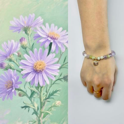 Birth Flower Crystal Bracelets for Women, Handmade Natural Gemstone Stretch Jewelry with Healing & Positive Energy - color: Sept. Aster & Amethyst
