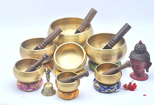 singing bowl set of 7-Tibetan singing bowl set-handmade singing bowl set form Nepal-singing bowl for yoga and meditation (Bronze Bitten)