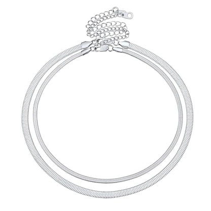 FOCALOOK 14K Gold Plated Necklaces for Women, Fashion Herringbone Choker Necklace Stainless Steel Flat Snake Chain 3/5MM(W) 12.5"/15"/18"+3.5"(L) - color: 5MM-15"&3MM-12.5" Layered-Silver