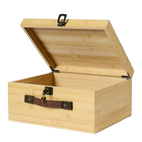 ANMINY Wooden Keepsake Memory Box with Key Locking Lid Bamboo Wood Storage Box with PU Leather Handles Large Decorative Wooden Chest Box for Crafts Stash Gifts - Natural Wood, 12" L x 10" W x 6" H - color: Wood - Key Locking Lid