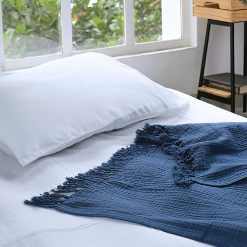 100% Cotton Muslin Throw Blanket, Gauze Blanket 50"X60" Throw with Tassel 4 Layered for Couch, Bed, Living Room, Home,Lightweight & All Season Blankets & Throws, Skin Friendly(Navy Blue)