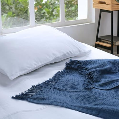 100% Cotton Muslin Throw Blanket, Gauze Blanket 50"X60" Throw with Tassel 4 Layered for Couch, Bed, Living Room, Home,Lightweight & All Season Blankets & Throws, Skin Friendly(Navy Blue)