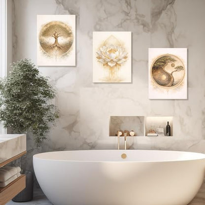 Bnesi 3-Piece Zen Wall Art Set Tree of Life & Lotus Flower Wall Art Large Wall Art for Living Room Tree Art & Tree of Life Wall Art Ideal Artwork for Walls Stylish Wall Decor Art (Classic)