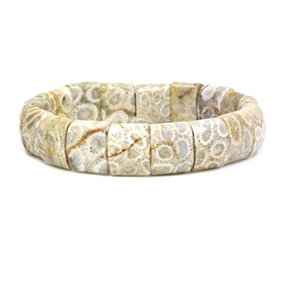 Keleny Gemstones Semi Precious 15mm Square Grain Faceted Beaded Stretch Bangle 7.5 Inch Unisex - color: Coral Fossil Jasper