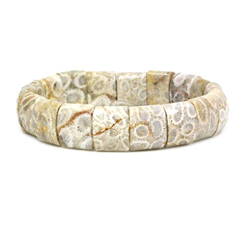 Keleny Gemstones Semi Precious 15mm Square Grain Faceted Beaded Stretch Bangle 7.5 Inch Unisex - color: Coral Fossil Jasper