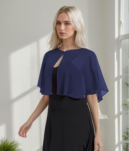 TONGFANTFL Women's Soft Chiffon Capelets Shawls and Wraps for Evening Wedding Cape Bole Cover Up - color: Navy