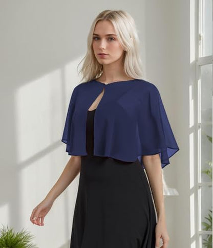 TONGFANTFL Women's Soft Chiffon Capelets Shawls and Wraps for Evening Wedding Cape Bole Cover Up - color: Navy