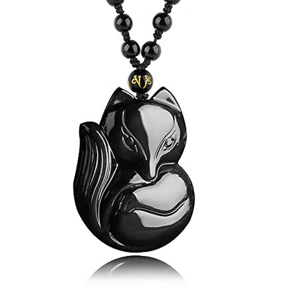 Black Obsidian Necklace Natural Crystal Amulet Protection Pendant with Adjustable Rope Lucky Talisman Necklaces Jewelry Gift for Men Women - color: Fox