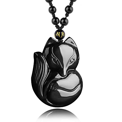 Black Obsidian Necklace Natural Crystal Amulet Protection Pendant with Adjustable Rope Lucky Talisman Necklaces Jewelry Gift for Men Women - color: Fox