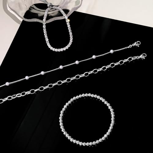Zeffy Gold Pearl Beaded Bracelet for Women, 14K Gold Plated Jewelry Set With Paperclip Link Chain, Trendy Stack Bracelets - style: 4PCS Silver Tennis Pearl Beaded Stackable Bracelets