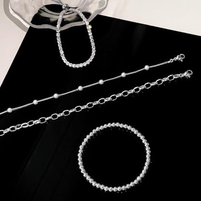 Zeffy Gold Pearl Beaded Bracelet for Women, 14K Gold Plated Jewelry Set With Paperclip Link Chain, Trendy Stack Bracelets - style: 4PCS Silver Tennis Pearl Beaded Stackable Bracelets