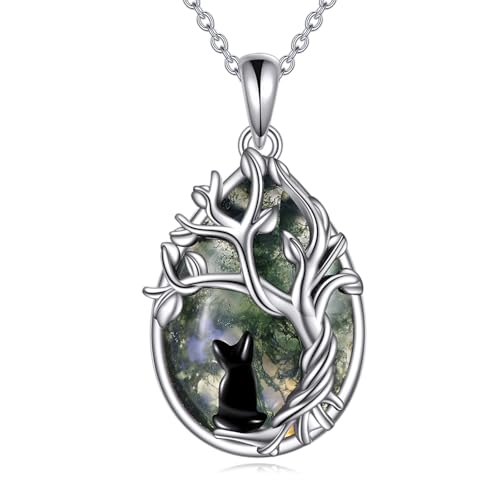 Moss Agate Tree of Life Black Cat Necklace for Women Family Tree Pendant Jewelry Birthday Gifts