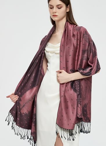 Pashmina Shawl Wrap with Ethnic Paisley Two Tone Jacquard Scarf for Women - color: Feather-powder Pink