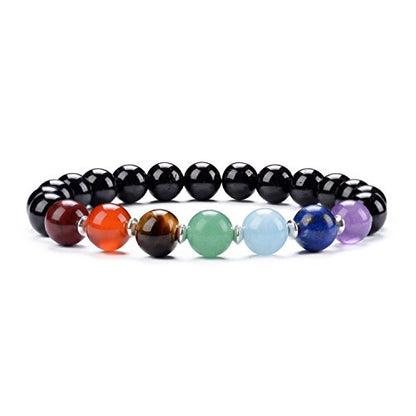 Cherry Tree Collection Chakra Stretch Bracelet | Genuine Natural 8mm Gemstones Beads, Sterling Silver Spacers | Men/Women | Small, Medium, Large Sizes - color: Black Tourmaline - Small