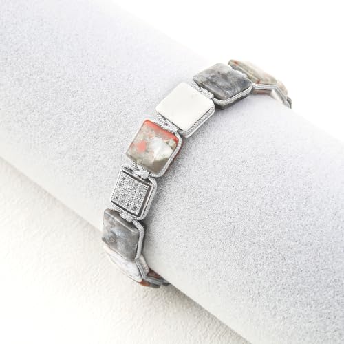 Square Natural Stone Unisex Adjustable Bracelet - Handmade with Natural Stons - Square Healing Crystal Bead Bracelet - color: Gray&White&Red