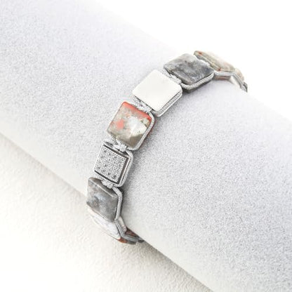 Square Natural Stone Unisex Adjustable Bracelet - Handmade with Natural Stons - Square Healing Crystal Bead Bracelet - color: Gray&White&Red
