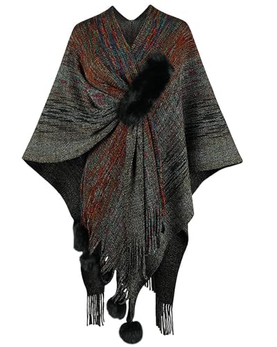 Women's Shawls and Wraps Open Front Poncho Cape Winter Sweater - color: R11-black Grad Knit