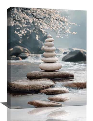 Spaexor Zen Wall Art, Cherry Blossom Pictures Wall Decor, Zen Stone Canvas Prints Painting, Framed Artwork for Meditation Room Bedroom Bathroom Living Room Dining Room Office 16"x12"