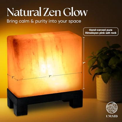 UMAID Himalayan Salt Lamp Rectangle, Natural Pink Rock Salt Lamp on Modern Wood Base with Night Light Bulb and Dimmable Cord, Spa Decor, Salt Massage Stones Ambiance, Meditation Accessories Decor Gift - style: Modern Rectangle