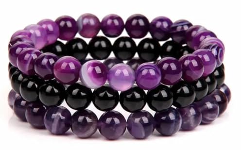 WFJ Black Obsidian Hematite Triple Protection Bracelets Set - Tiger Eye Beaded Natural Stone Bracelet for Men Women Gemstone (10MM) - color: Amethyst Set