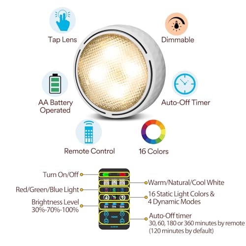 Puck Lights with Remote Control, Battery Operated Wireless Under Cabinet Lighting, Stick on Tap Push Lights for Kitchen, Shelf, 6 Pack - White - color: White, size: 6 Pack