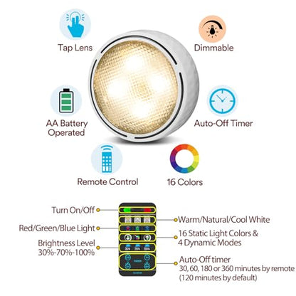 Puck Lights with Remote Control, Battery Operated Wireless Under Cabinet Lighting, Stick on Tap Push Lights for Kitchen, Shelf, 6 Pack - White - color: White, size: 6 Pack
