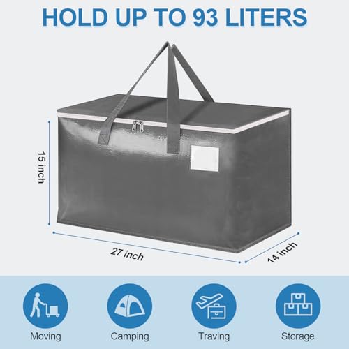 Three-layer Reinforced Moving Bags, 6 Pack Extra Large 93L 60lb Heavy Duty Moving Totes with Strong Zippers & Handles, Easy Open Lids, Water-Resistant, Storage Totes, Fold Flat
