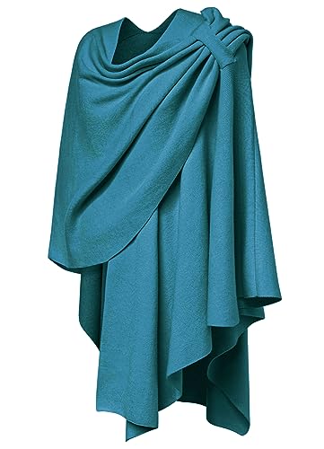 PULI Womens Large Cross Front Poncho Sweater Wrap Topper Knitted Elegant Shawls Cape for Fall Winter - color: 1-dark Cyan