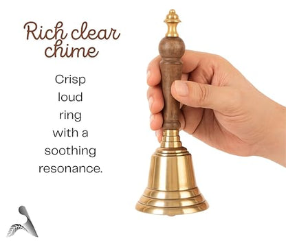 Hand Bell with Antique Brass Finish and Wooden Handle – Perfect for Weddings, Schools, Games, Reception Desks, Religious Ceremonies & Events – 3” Diameter, 8” Height