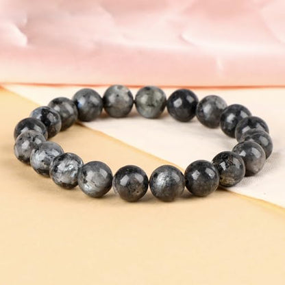 LPBeads Handmade Natural Gemstone Stretch Elastic Bracelet Healing Crystal Round Stone Beads Jewelry Gifts for Women Men - color: Black Larvikite, size: 10mm