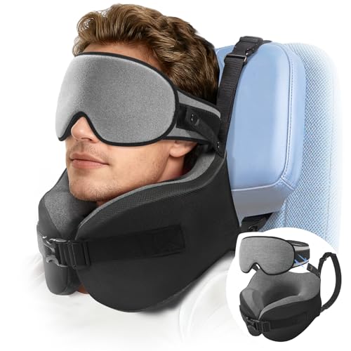 YFONG Travel Pillow for Long Flight Airplanes, Head Strap Combo with 3D Contoured Eye Mask for Sleep, Neck Pillow for Car Trip Essential, 360° Support Memory Foam Headrest, Prevent Head Bobbing, Grey - color: Grey