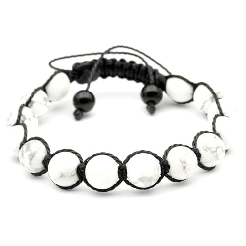 ElisaJewelryArt - Natural Black Onyx Beaded Bracelet Genuine Gemstone Strenght Crystal Macrame Bracelet Unisex Bracelet - color: Howlite, size: MEN