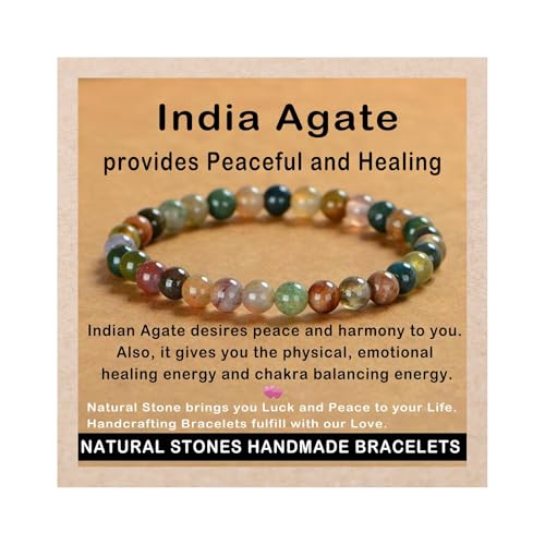 AD Beads Handmade Gemstone Stretch Elastic Bracelet Crystal Healing Reiki Nature's Beauty and Spiritual Essence Unisex - color: Indian Agate, size: 6mm