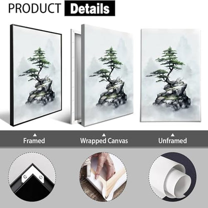 Japan Zen Canvas Wall Art Misty Pine Tree Meditation Poster Japanese Mountain Top Bonsai Peaceful Aesthetic Prints Painting For Spa Yoga Bedroom Wall Decor 12x16in Unframed